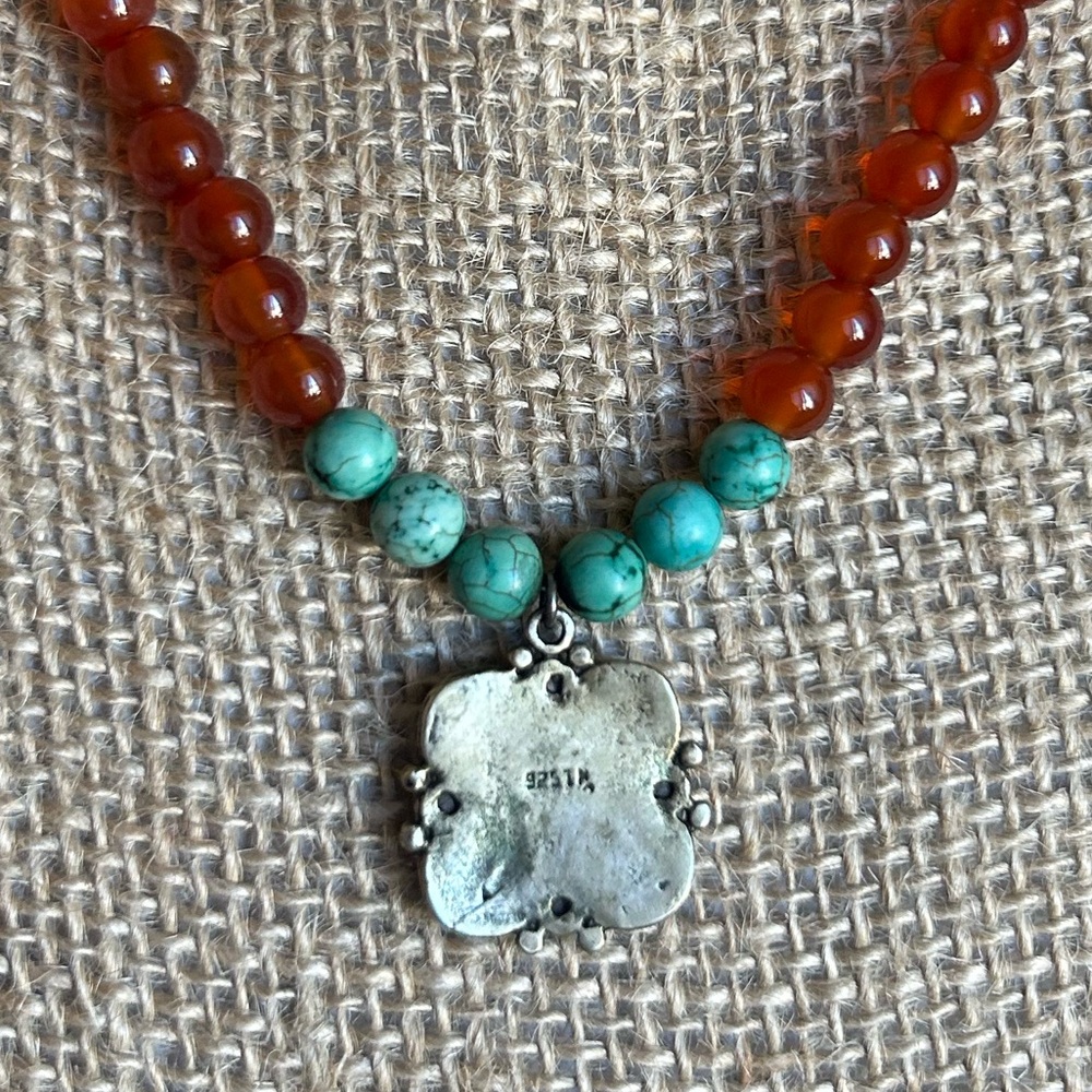 Sterling Silver Cross pendant with Turquoise and Cornelian beads - Picture 7 of 11